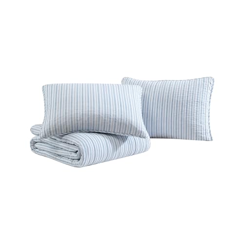 Queen Quilt Set, Reversible Cotton Bedding with Matching Shams, Light Blue H7369