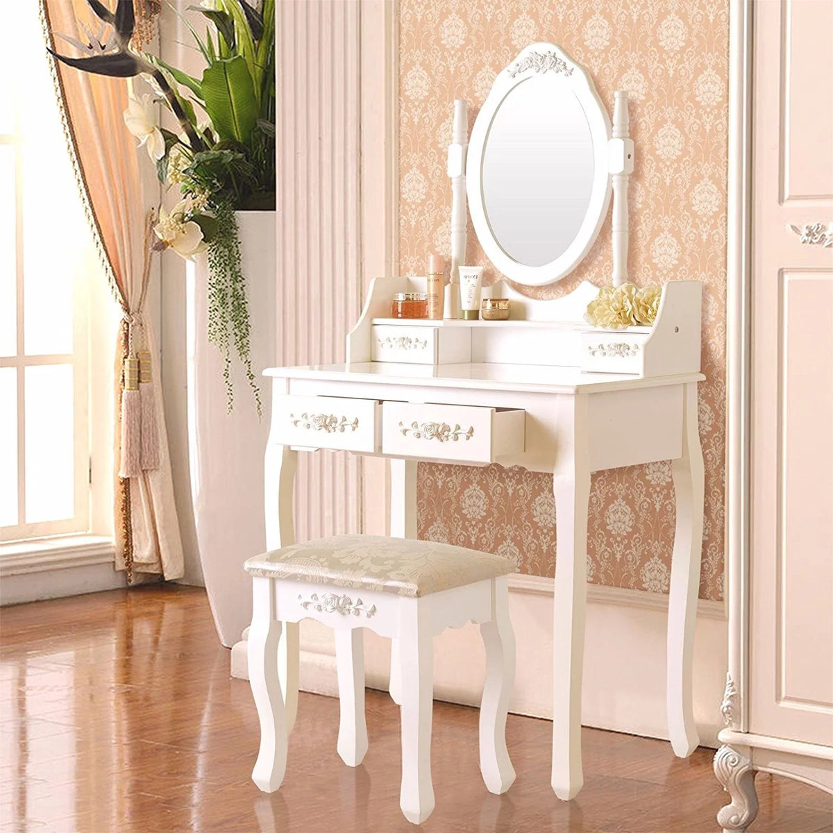 White Vanity Table and Stool Set with 4 Drawers & Mirror H34253