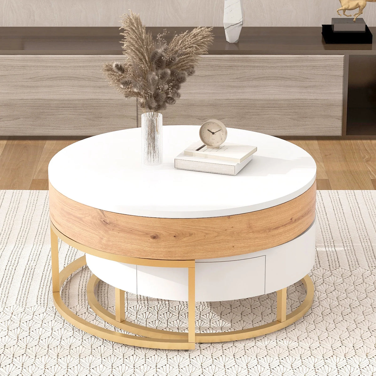 Round Lift-top Nesting Coffee Tables with 2 Drawers V802