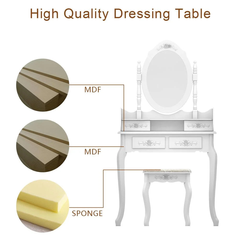 White Vanity Table and Stool Set with 4 Drawers & Mirror H34253