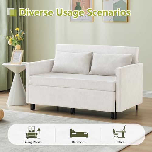 3-in-1 Sleeper Sofa Bed, 51'' Convertible Folding Couch with Pullout Bed, Chenille Futon Sleeper Sofa with Side Table and 2 Pillows, Grey F321044