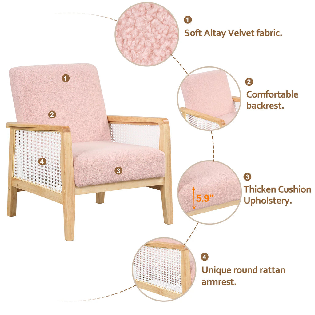Pink Teddy Short Plush Particle Velvet Rattan Mesh Upholstered Accent Armchair T635