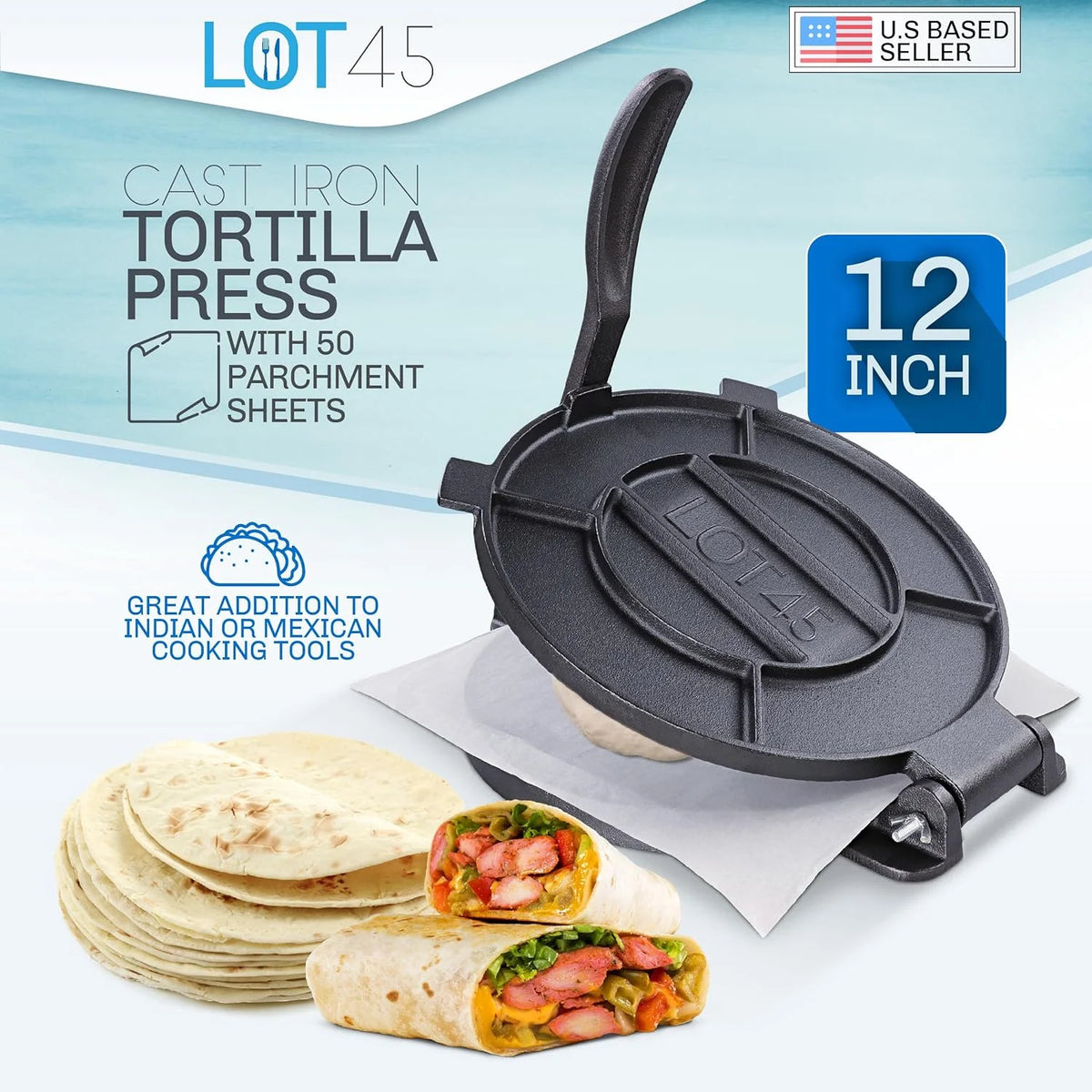 Cast Iron Tortilla Press with 50 Parchment Paper U8239