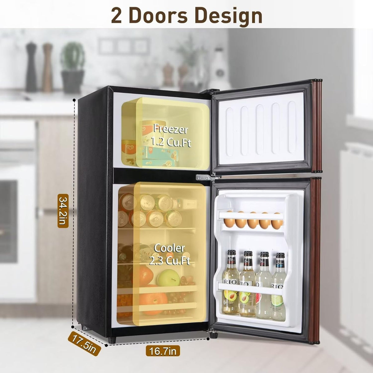 Compact Refrigerator, 3.5 Cu.Ft Double Door Fridge with 7 Level Adjustable Thermostat W926830