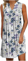 Women Casual A-Line Dress with Pockets Sleeveless V Neck Tshirt Dress Loose Pleated Flowy Dress F8600