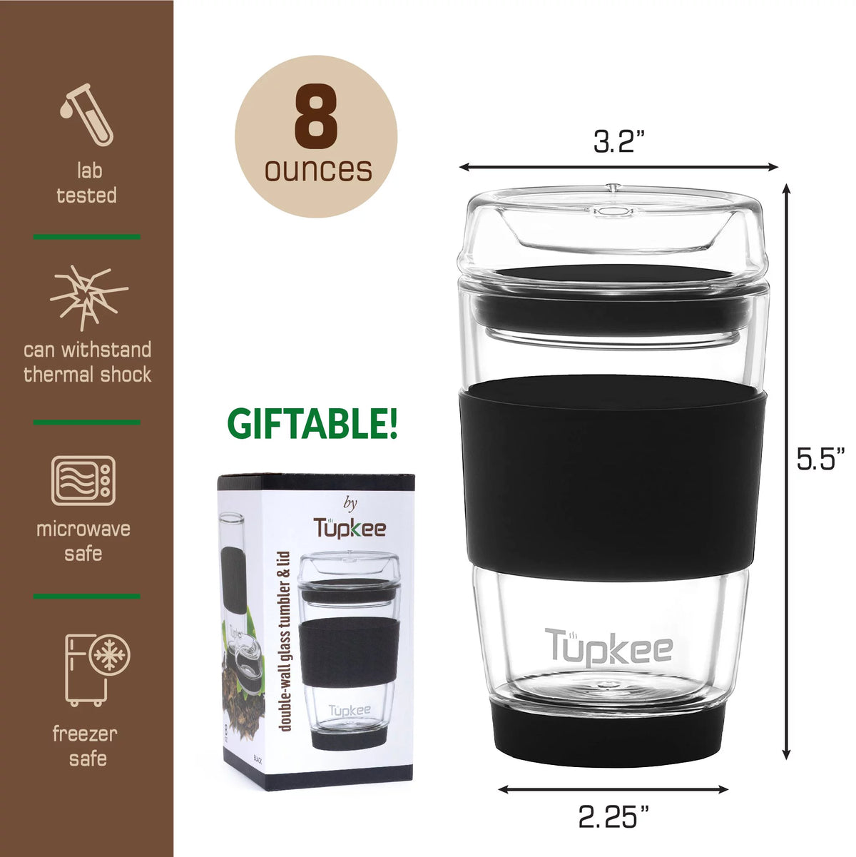 Black 8-Ounce Double Wall Glass Tumbler with Lid C821192