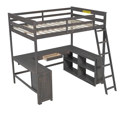 Full Size Solid Wood Loft Bed with Desk and Storage Drawers (White) X88122