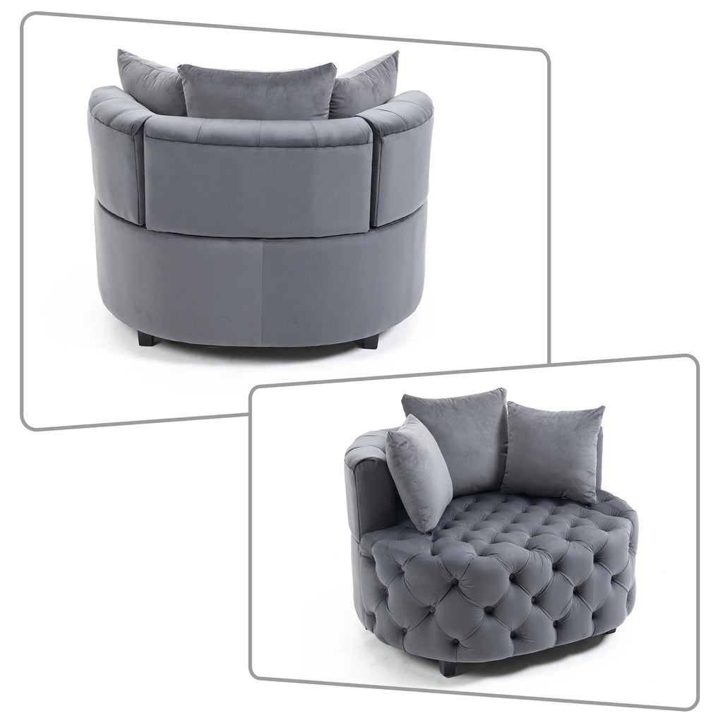 Gray Velvet Tufted Barrel Chair with Wooden Legs and 3 Pillows W99735