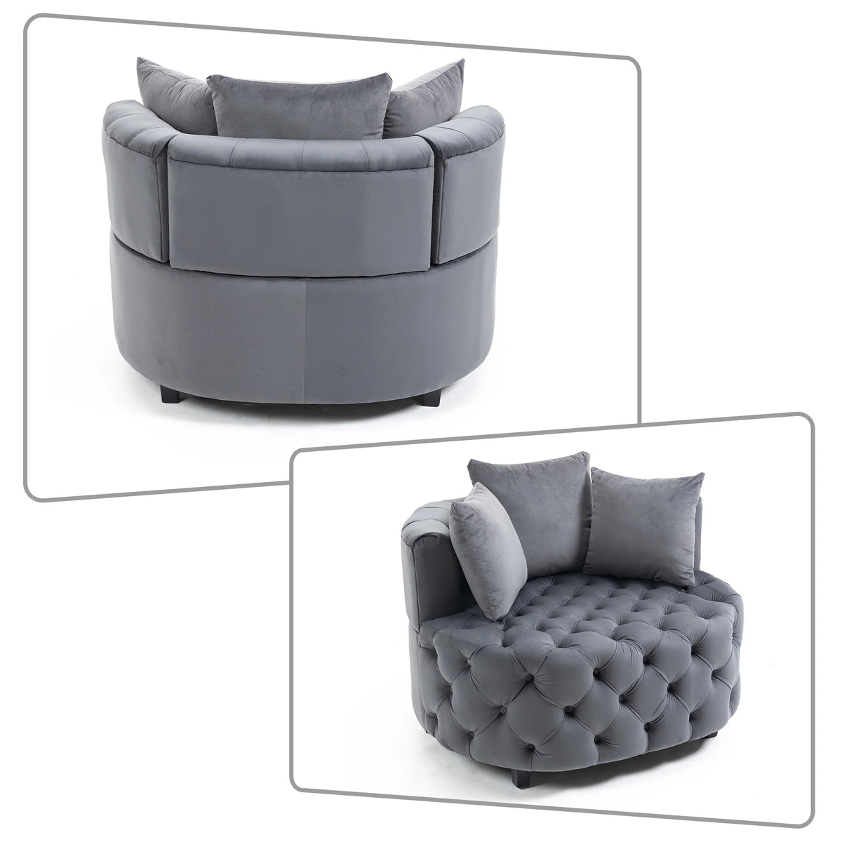 Gray Velvet Tufted Barrel Chair with Wooden Legs and 3 Pillows W99735