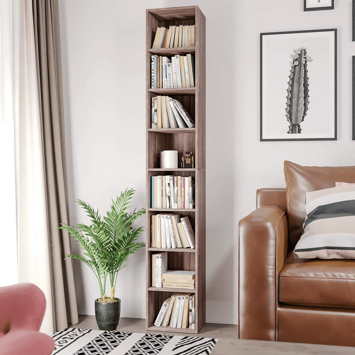 Dark Oak 8 Shelves Narrow Bookcase E94240
