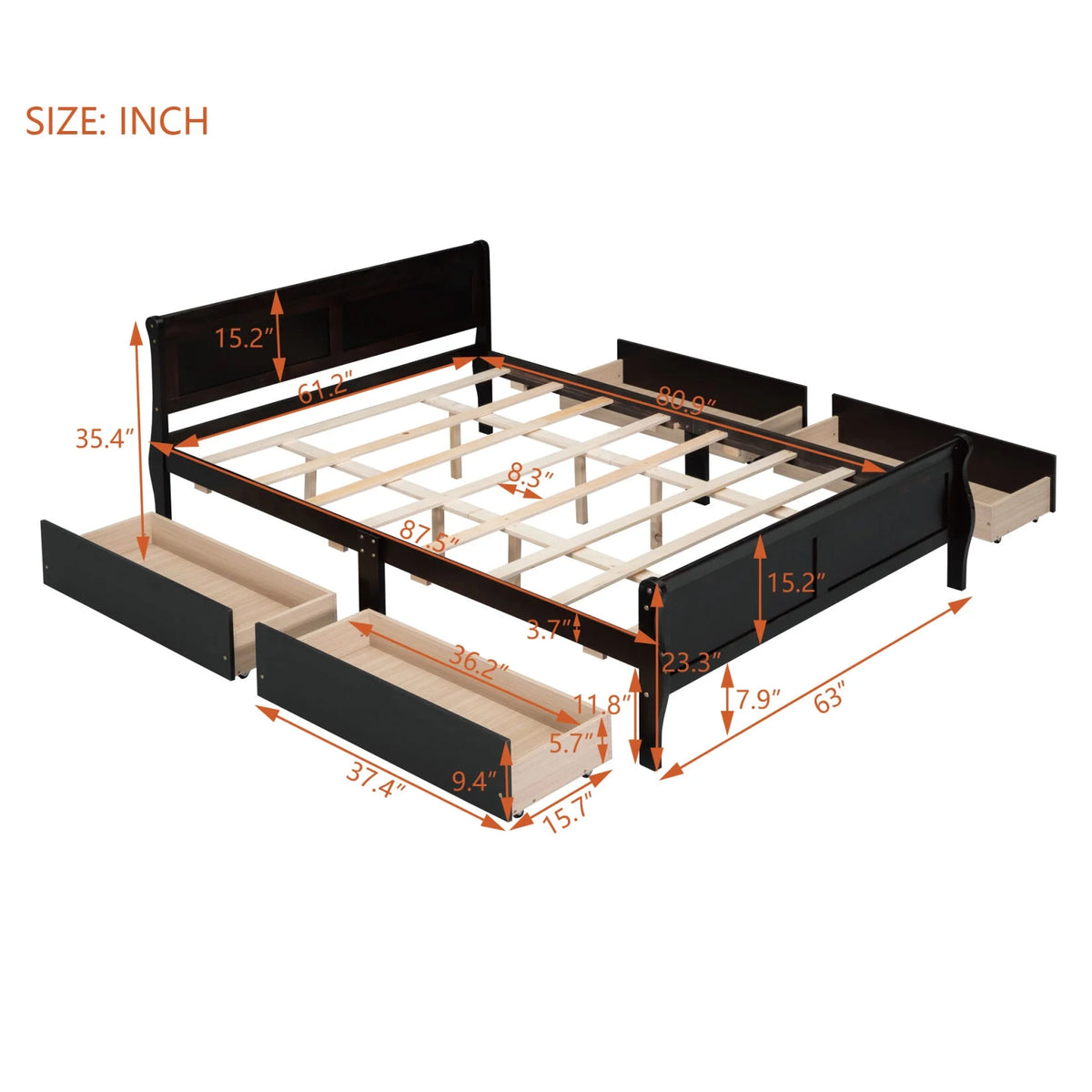 Queen Size Wood Platform Bed with 4 Drawers Y5346