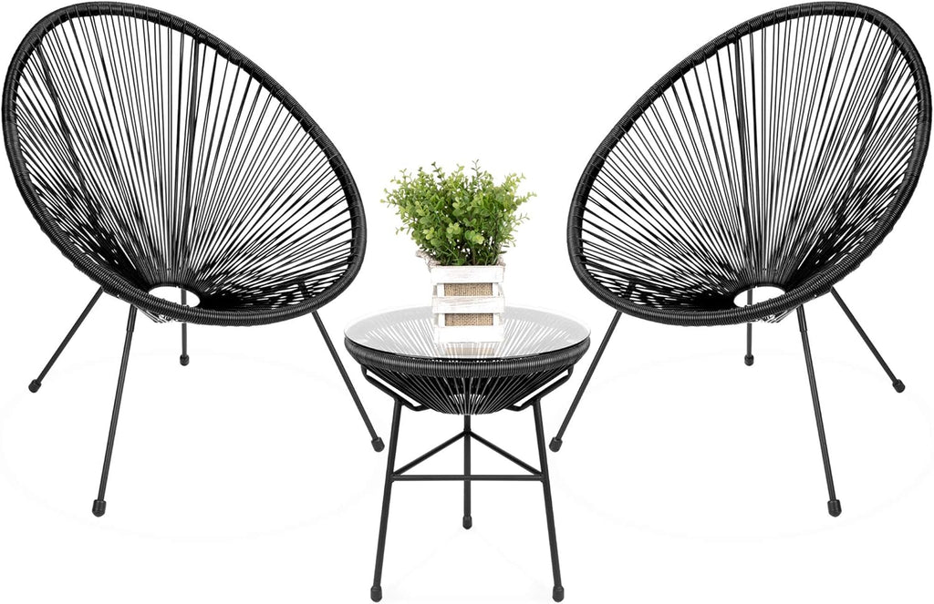 3-Piece Outdoor Acapulco Patio Conversation Bistro Set with Plastic Rope, Glass Top Table and 2 Chairs - Gray E963946