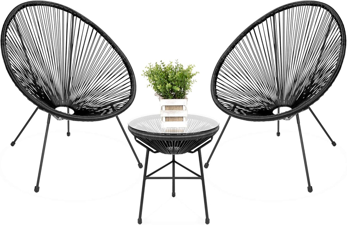 3-Piece Outdoor Acapulco Patio Conversation Bistro Set with Plastic Rope, Glass Top Table and 2 Chairs - Gray E963946