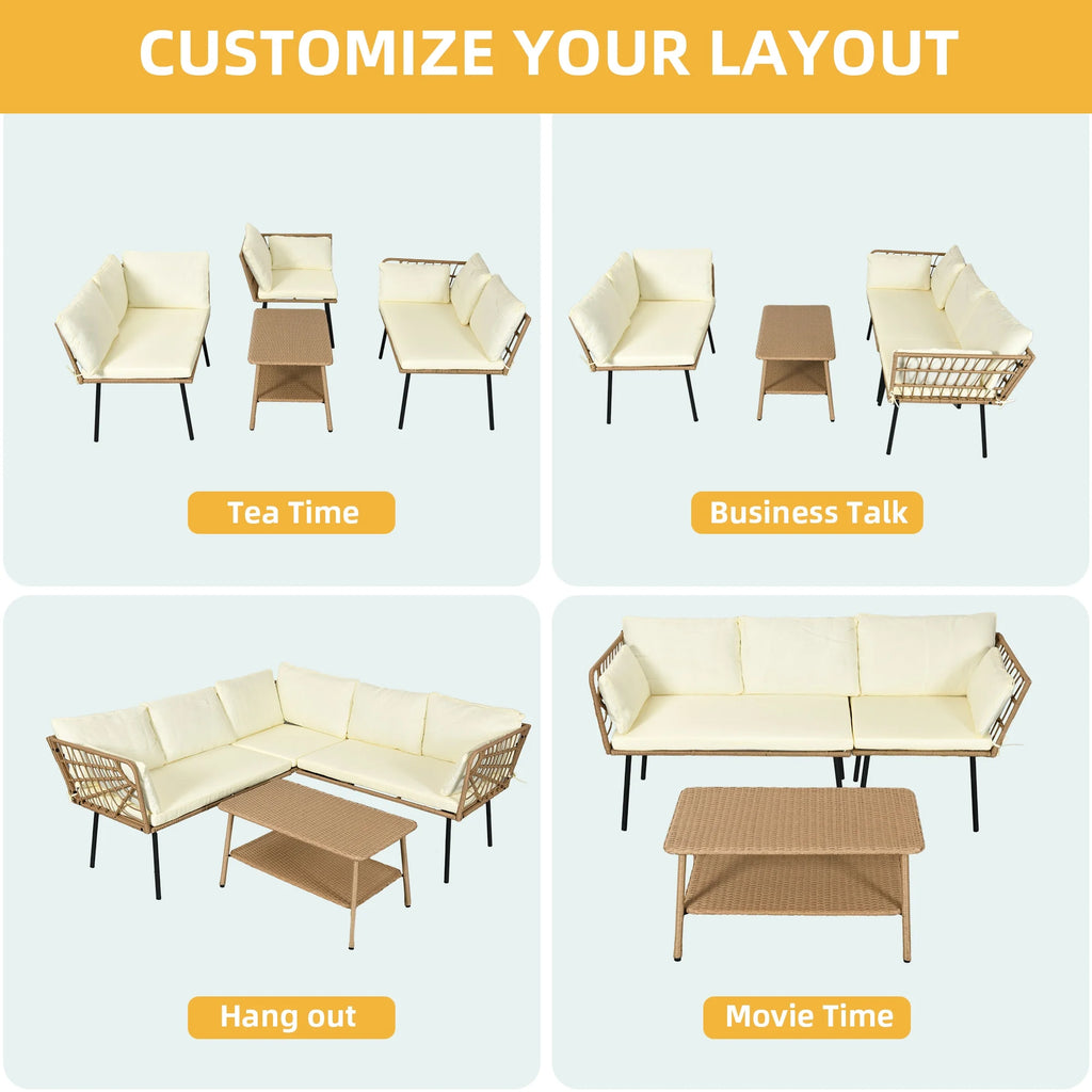 Beige Wicker L-Shaped Sofa Set with Cushions and Coffee Table A4445