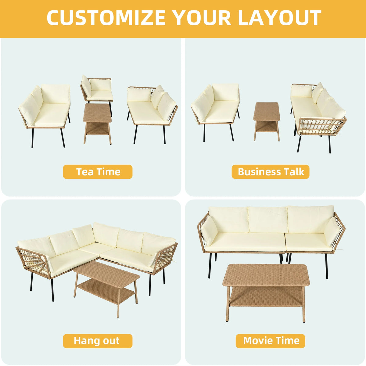Beige Wicker L-Shaped Sofa Set with Cushions and Coffee Table A4445
