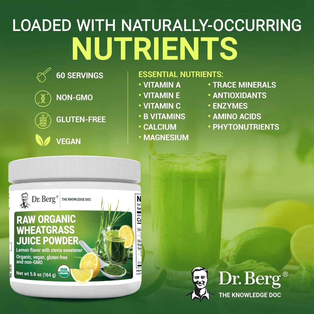 Organic Wheatgrass Raw Juice Powder, Lemon Flavor, 164g V57746