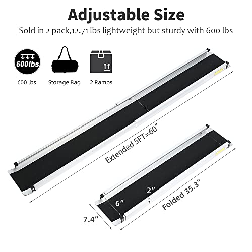 6FT Telescoping Aluminum Wheelchair Ramp with Storage Bag 600lbs Capacity (2 Pack) E696