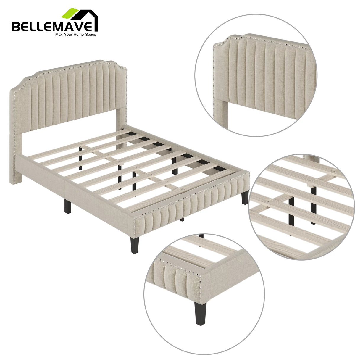 Linen Upholstered Platform Bed Frame Queen Size with Headboard W567