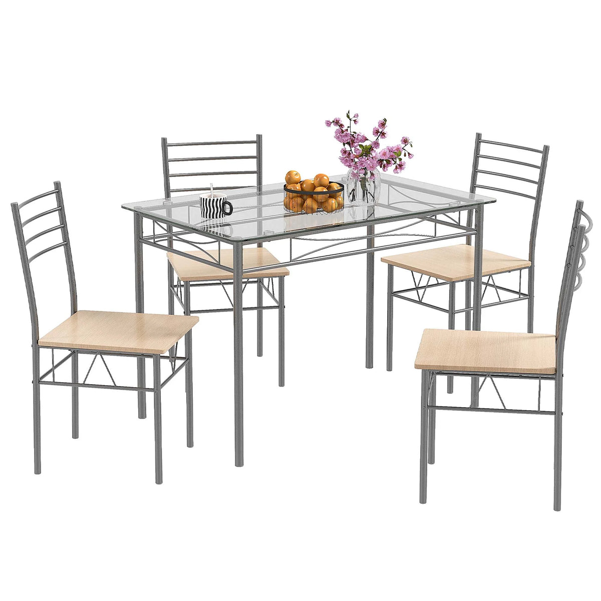 5 Piece Dining Set Table and 4 Chairs Glass Top Brown M349