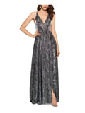 Black Zippered Metallic Gown Animal Print Spaghetti Strap V Neck Full-Length Fit + Flare Dress B321386