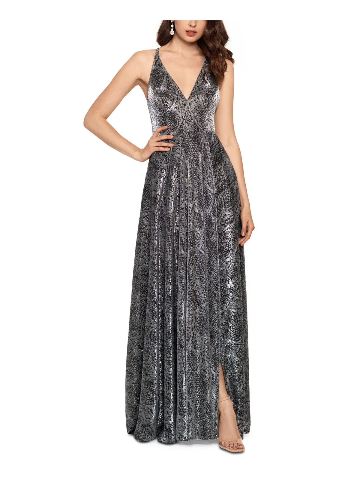Black Zippered Metallic Gown Animal Print Spaghetti Strap V Neck Full-Length Fit + Flare Dress B321386