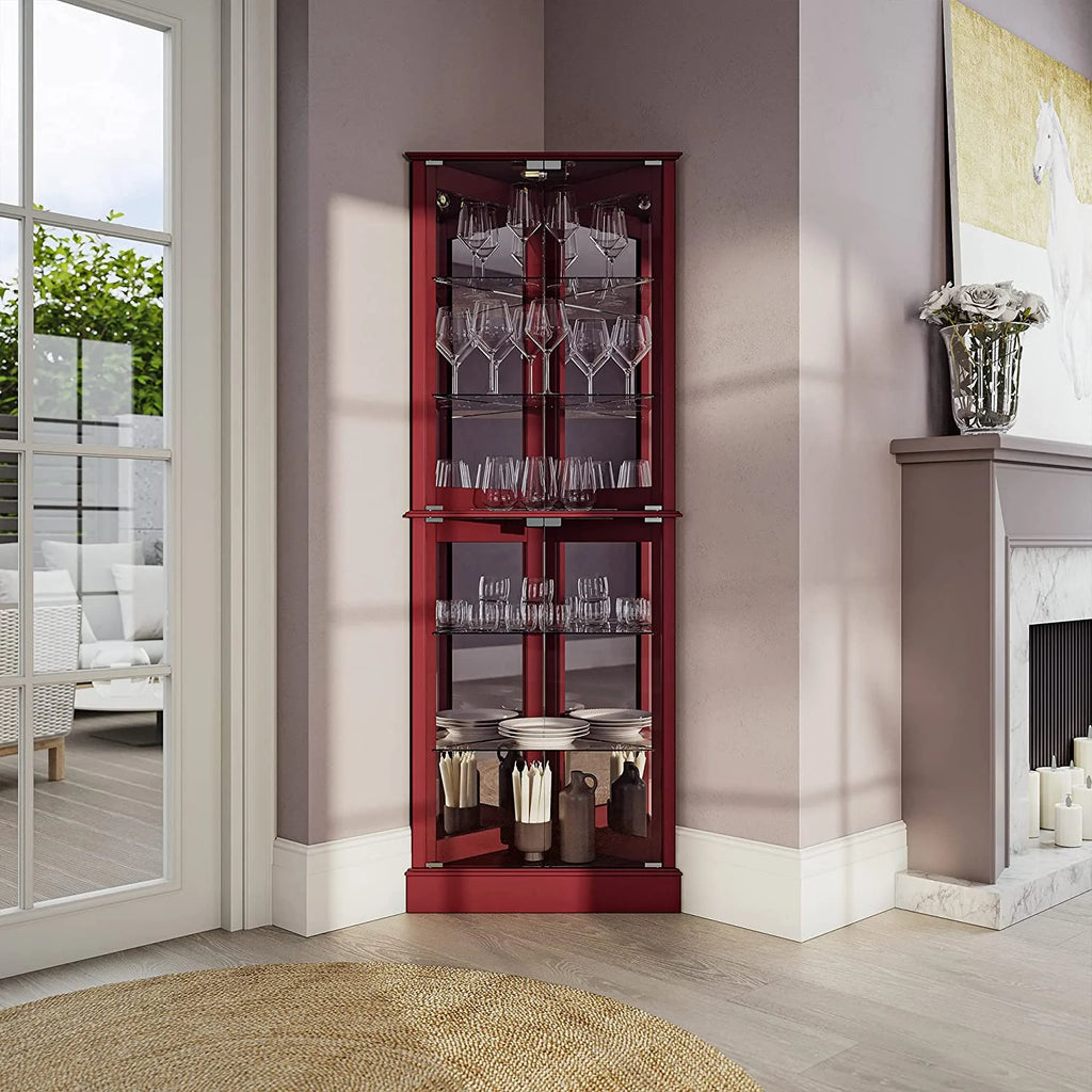 Lighted Corner Curio Cabinet with Tempered Glass Door, 6 Shelves U55795