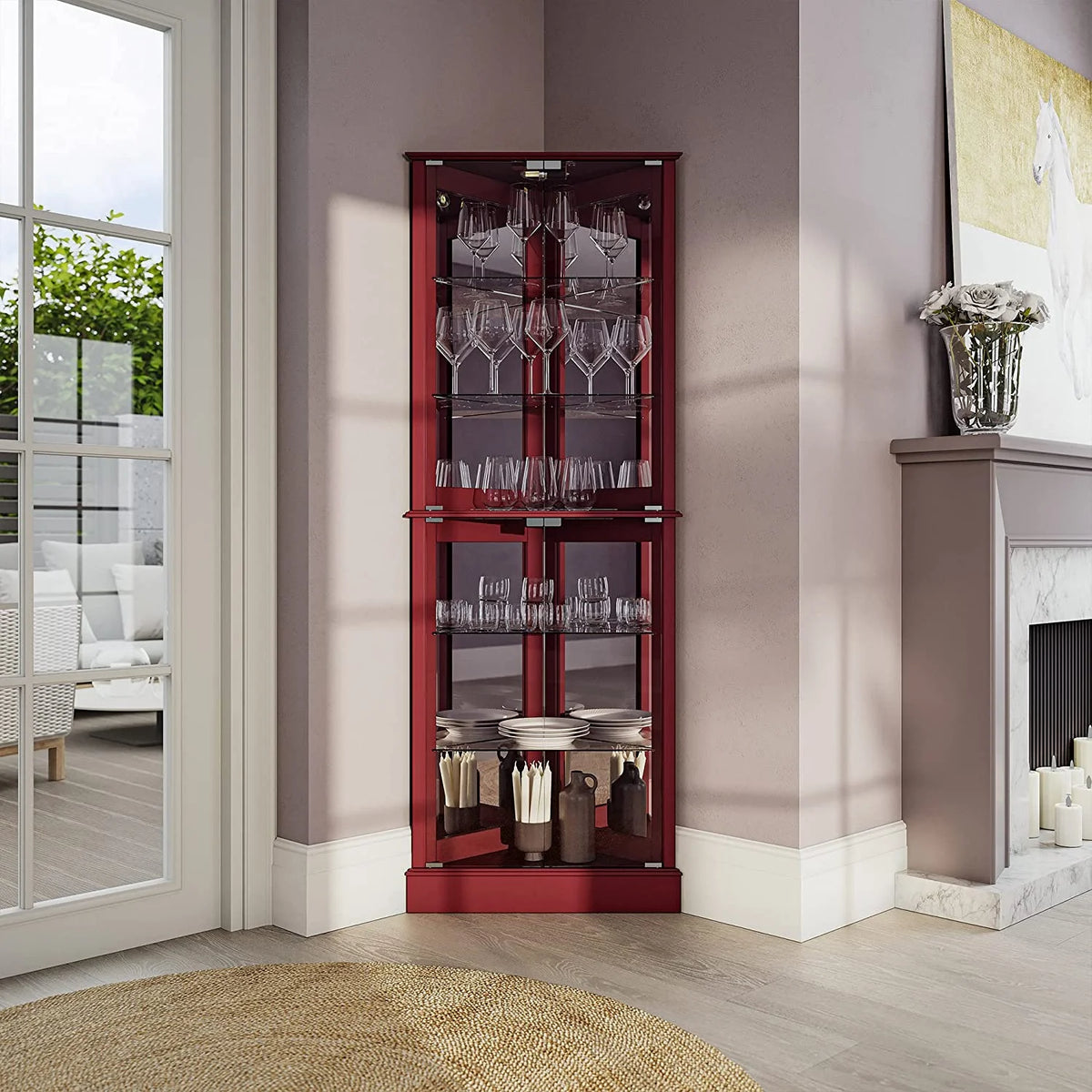 Lighted Corner Curio Cabinet with Tempered Glass Door, 6 Shelves U55795