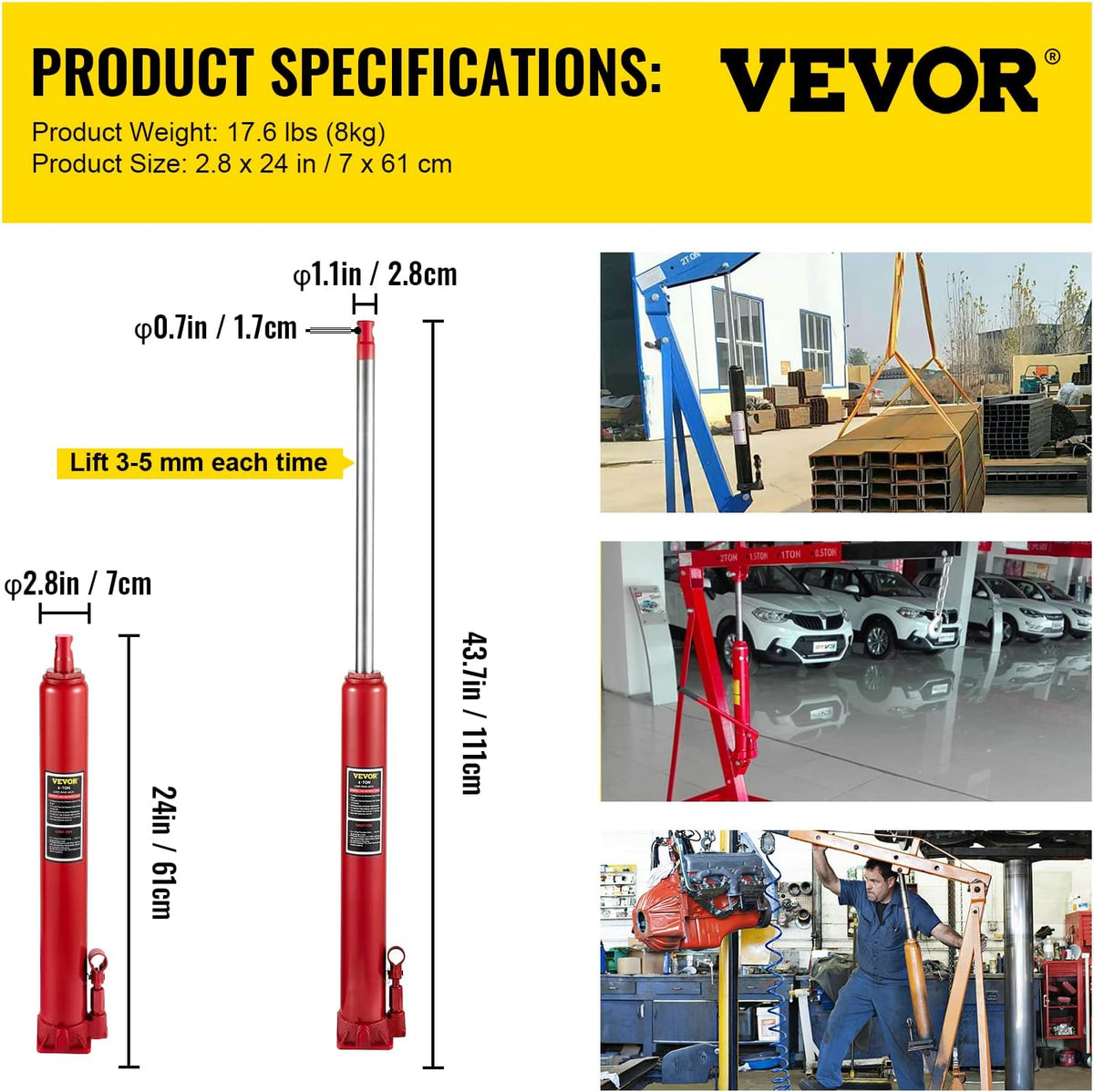Hydraulic Long Ram Jack, 4 Tons Capacity, Red, Pack of 2 S272668