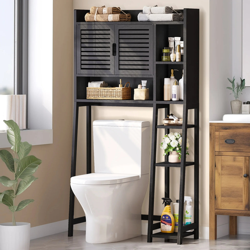 Black Over The Toilet Storage Cabinet with Door and Adjustable Shelf Z9614