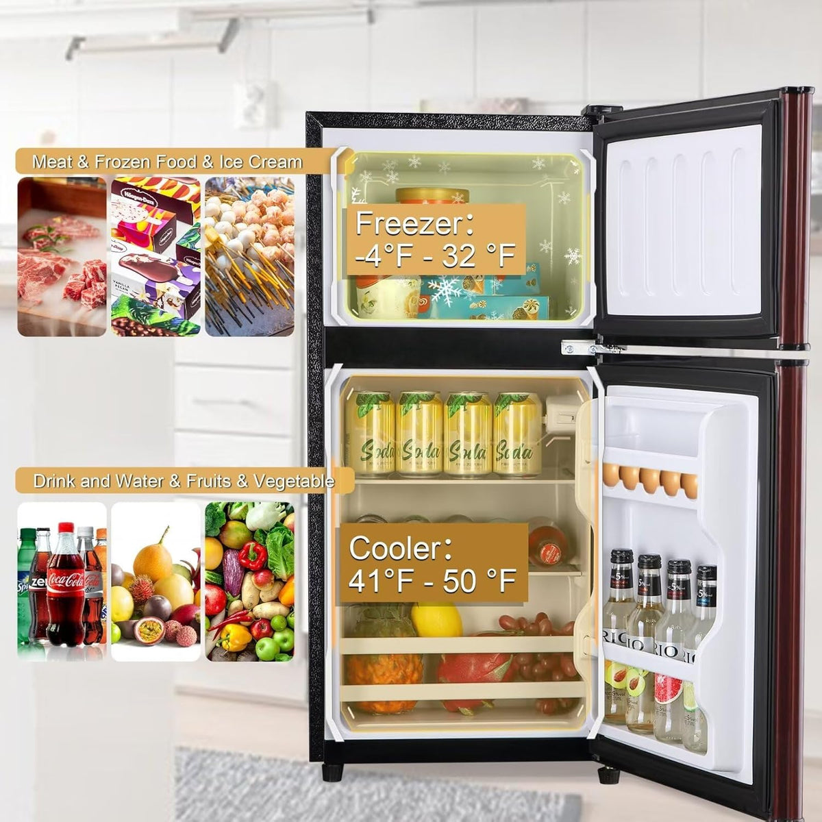 Compact Refrigerator, 3.5 Cu.Ft Double Door Fridge with 7 Level Adjustable Thermostat W926830