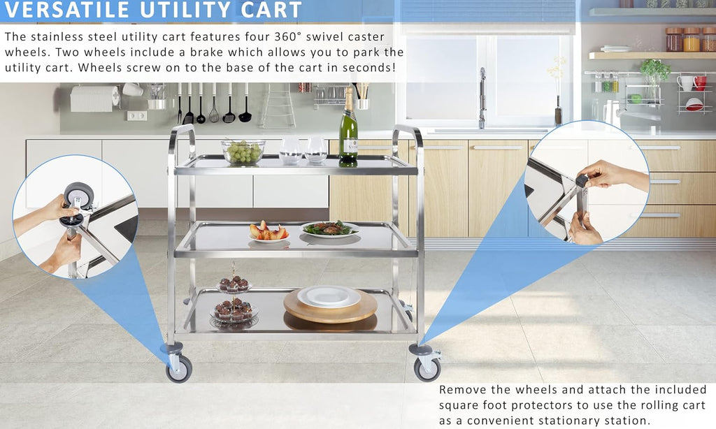 Stainless Steel 3 Tier Rolling Utility Cart with Locking Wheels U84018