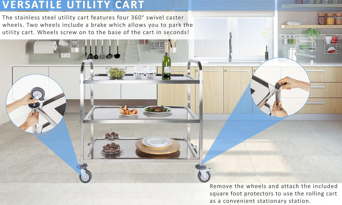 Stainless Steel 3 Tier Rolling Utility Cart with Locking Wheels U84018