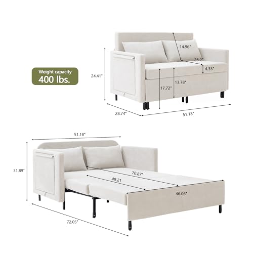 3-in-1 Sleeper Sofa Bed, 51'' Convertible Folding Couch with Pullout Bed, Chenille Futon Sleeper Sofa with Side Table and 2 Pillows, Grey F321044