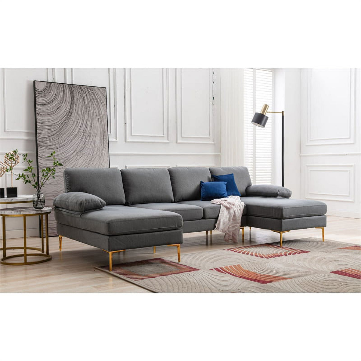 Gray Fabric Linen Blend Sectional Sofa with Chaise L767
