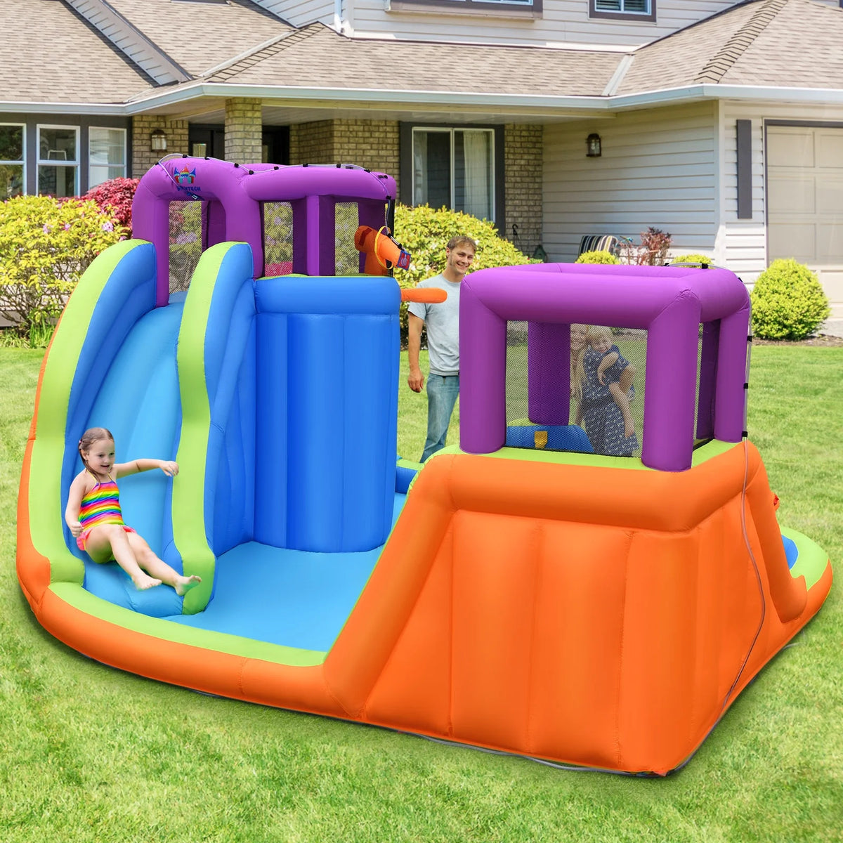 6 in 1 Inflatable Dual Slide Water Park Climbing Bouncer with 950W Blower D430