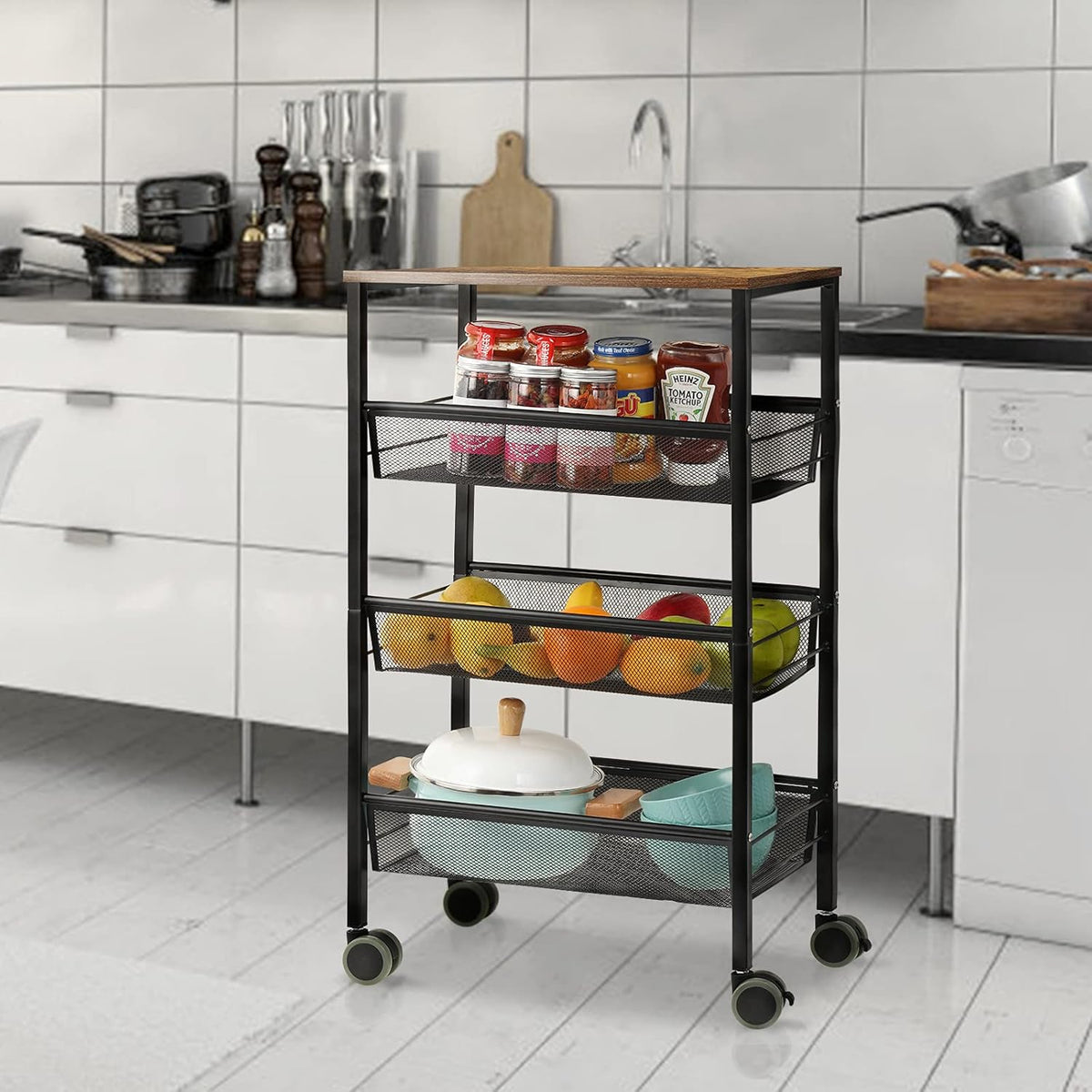 Black 3-Tier Rolling Kitchen Cart with Wooden Shelves M469