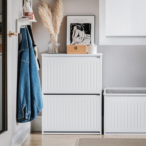 White Shoe Storage Cabinet with 2 Flip-Drawers I680926