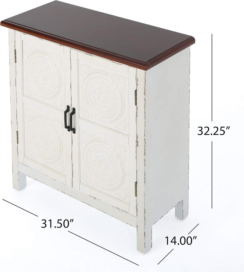 Distressed White Brown Firwood Cabinet E706402