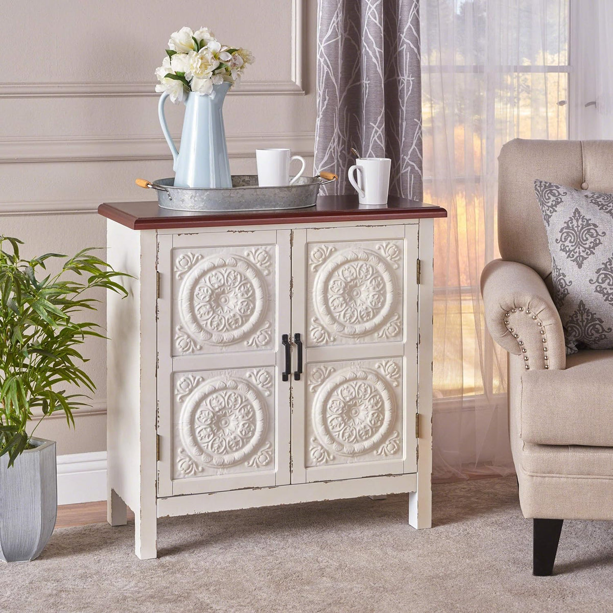 Distressed White Brown Firwood Cabinet E706402