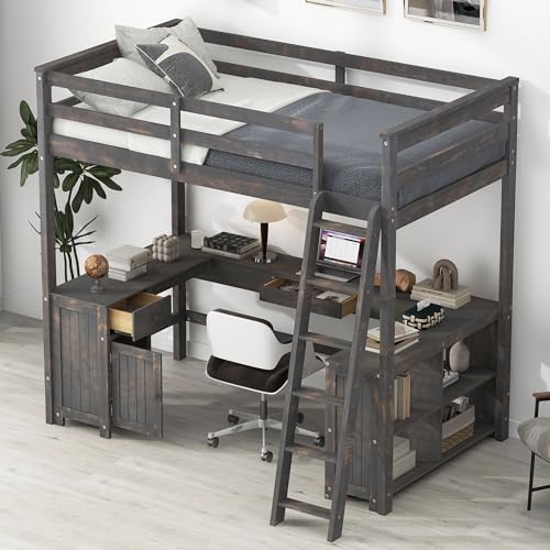 Full Size Solid Wood Loft Bed with Desk and Storage Drawers (White) X88122