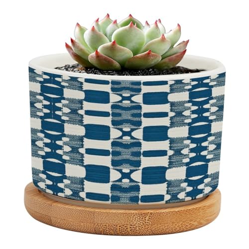 Blue and White Ceramic Planters with Drainage Holes and Saucers Q533298