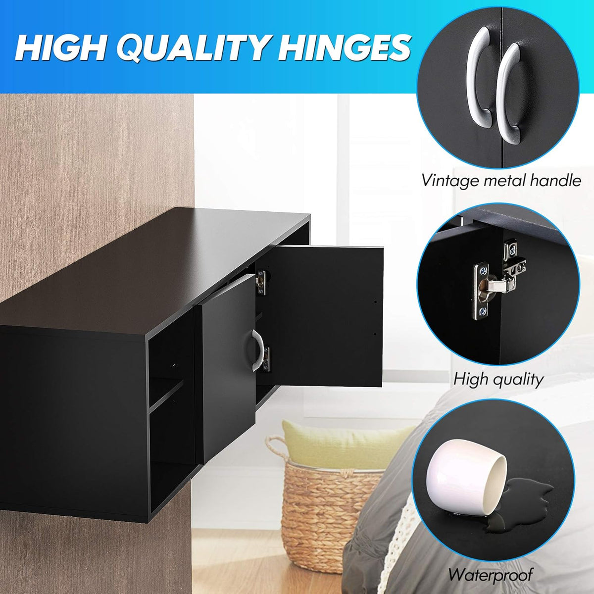 Black Floating TV Stand Wall Mounted Media Console W394842