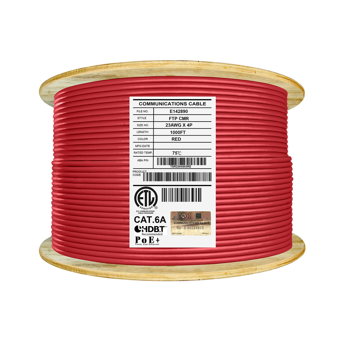 Cat6a Shielded Riser Ethernet Cable, 1000ft, Red I653326