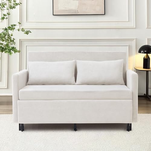 3-in-1 Sleeper Sofa Bed, 51'' Convertible Folding Couch with Pullout Bed, Chenille Futon Sleeper Sofa with Side Table and 2 Pillows, Grey F321044