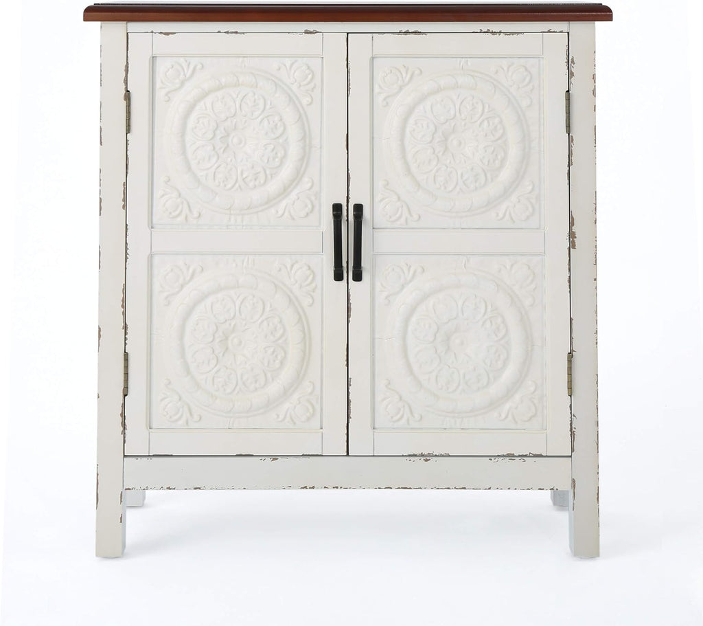 Distressed White Brown Firwood Cabinet E706402
