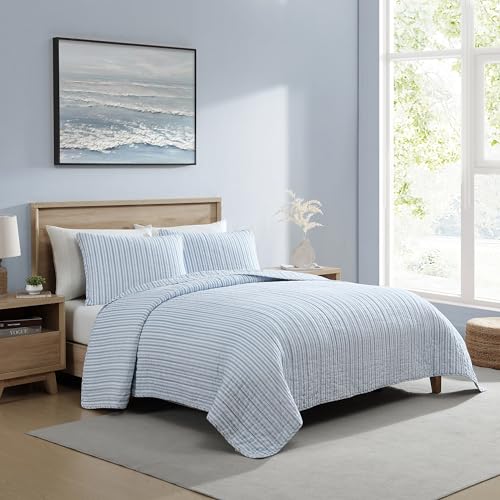Queen Quilt Set, Reversible Cotton Bedding with Matching Shams, Light Blue H7369