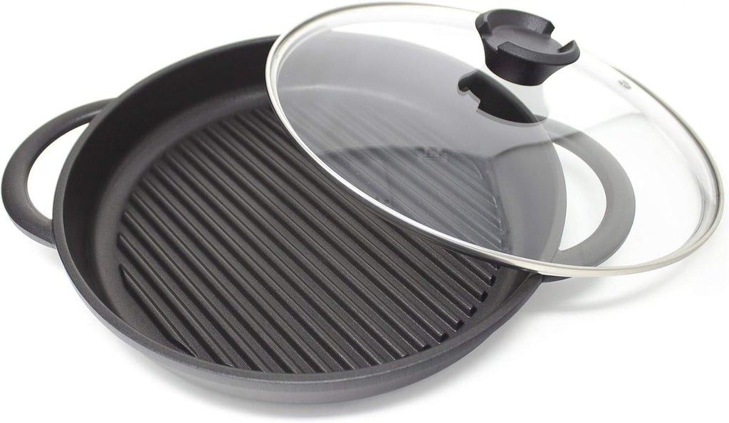 Cast Aluminium Griddle Pan with Glass Lid, 10.6 Diameter, Non-Stick H1789