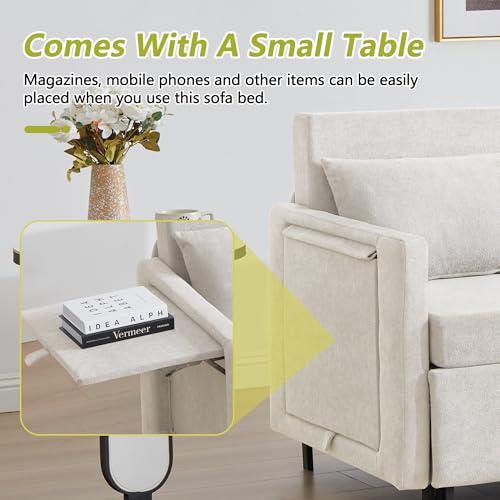 3-in-1 Sleeper Sofa Bed, 51'' Convertible Folding Couch with Pullout Bed, Chenille Futon Sleeper Sofa with Side Table and 2 Pillows, Grey F321044