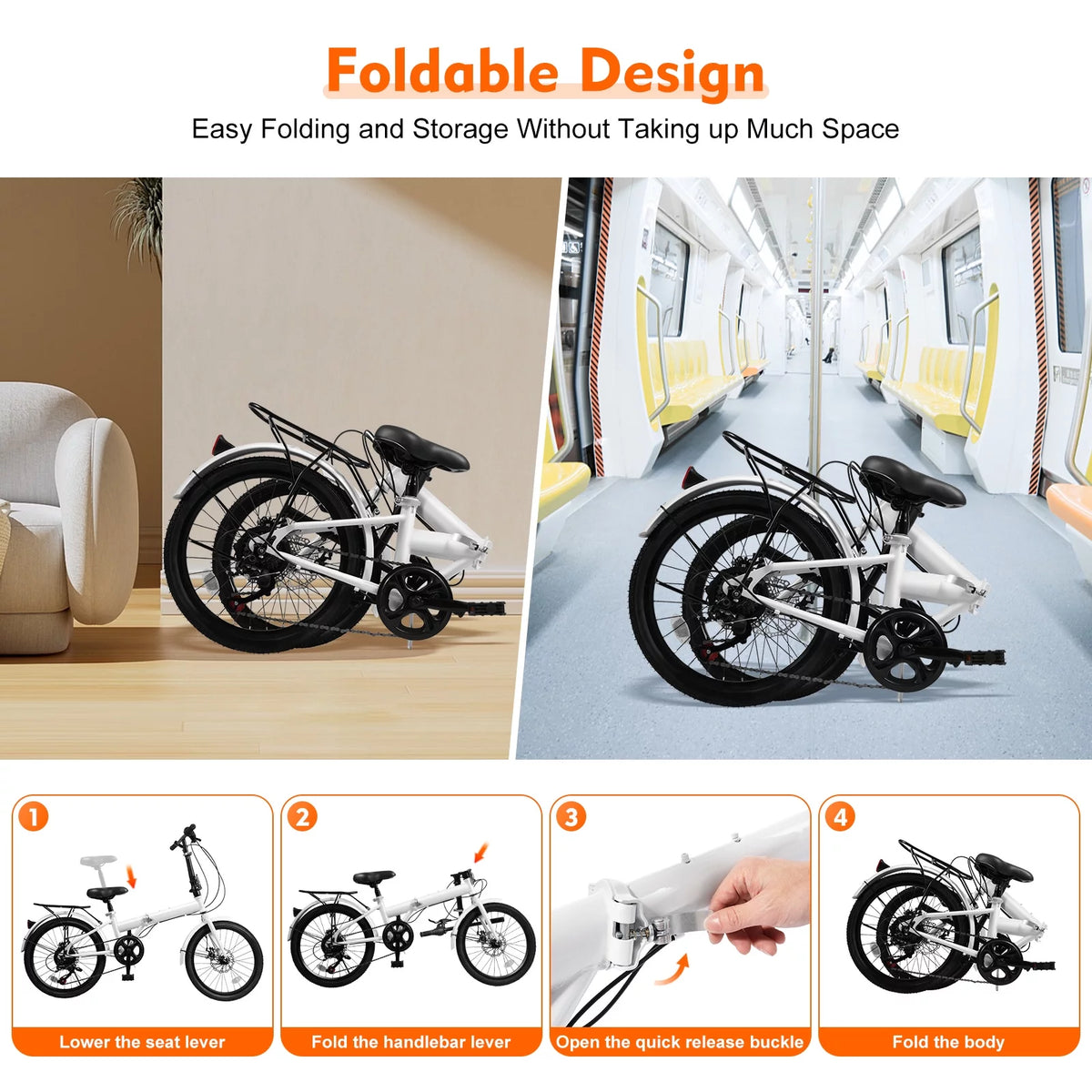 White 20-inch 7 Speed Folding Bicycle H45136