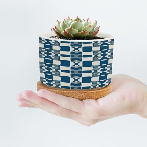 Blue and White Ceramic Planters with Drainage Holes and Saucers Q533298
